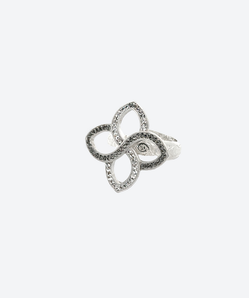 Open flower ring Crystal & Black Diamond / Silver - La Costa Organic Jewelry