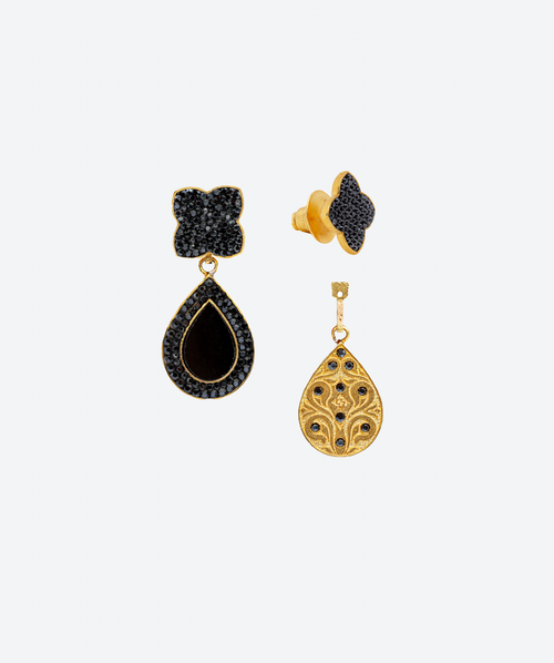 Flower Tear Gem Drop Earrings Onyx / Gold - La Costa Organic Jewelry