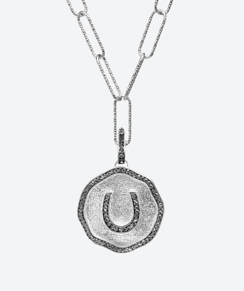 Lucky Derby Horseshoe Medallion Charm Necklace Black Diamond / Silver - La Costa Organic Jewelry
