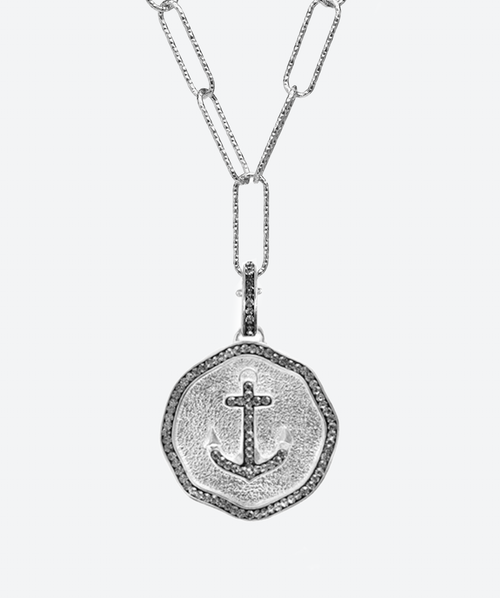 Bon Voyage Anchor Medallion Charm Necklace Black Diamond / Silver - La Costa Organic Jewelry